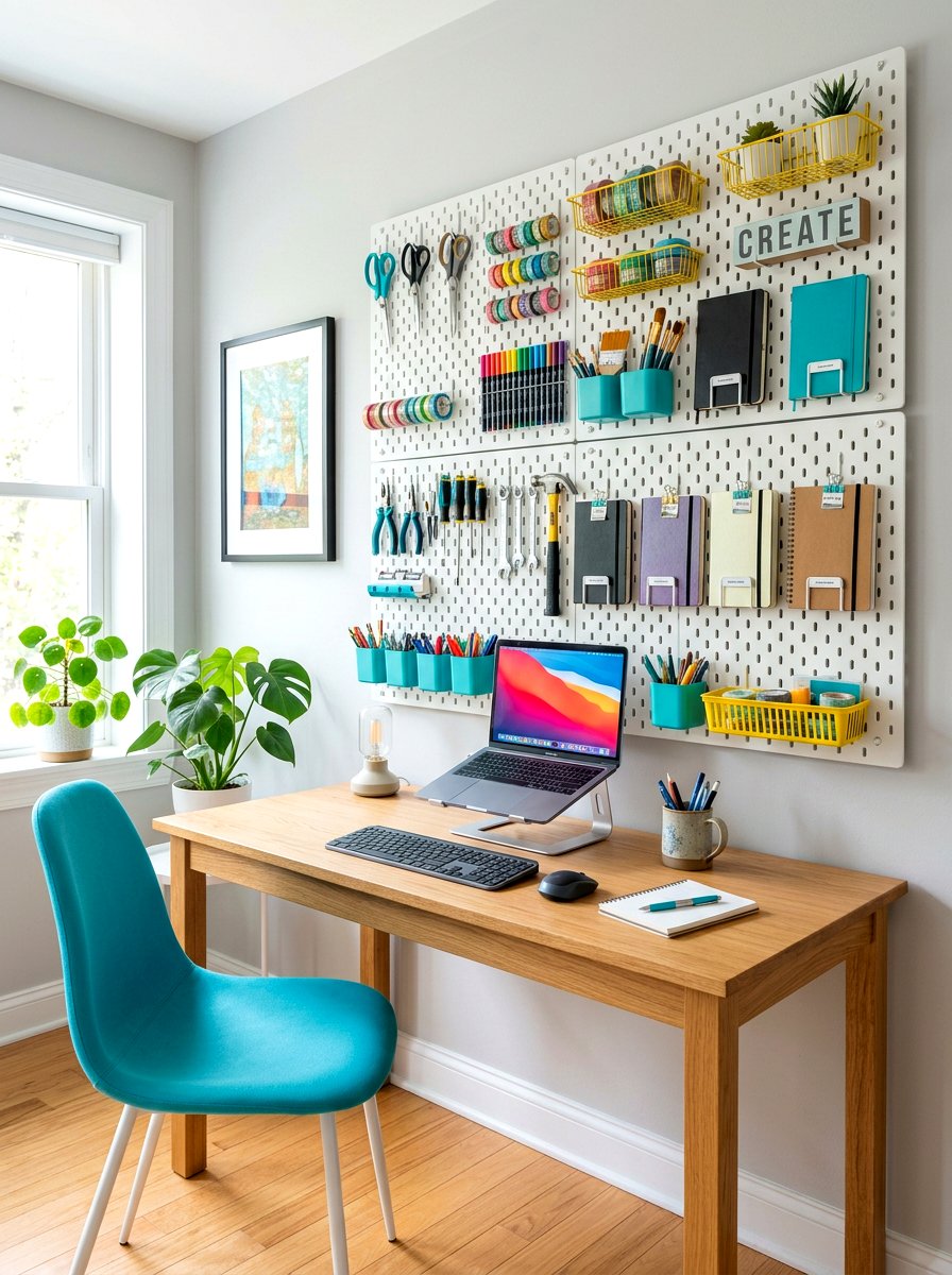 Pegboard Organization Wall - 30 office nook apartment ideas