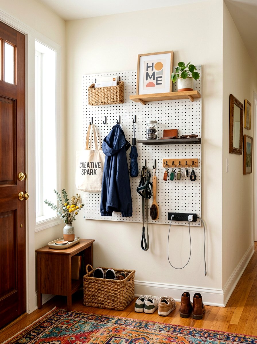 Pegboard Organizer With Power - 30 charging station entryway ideas