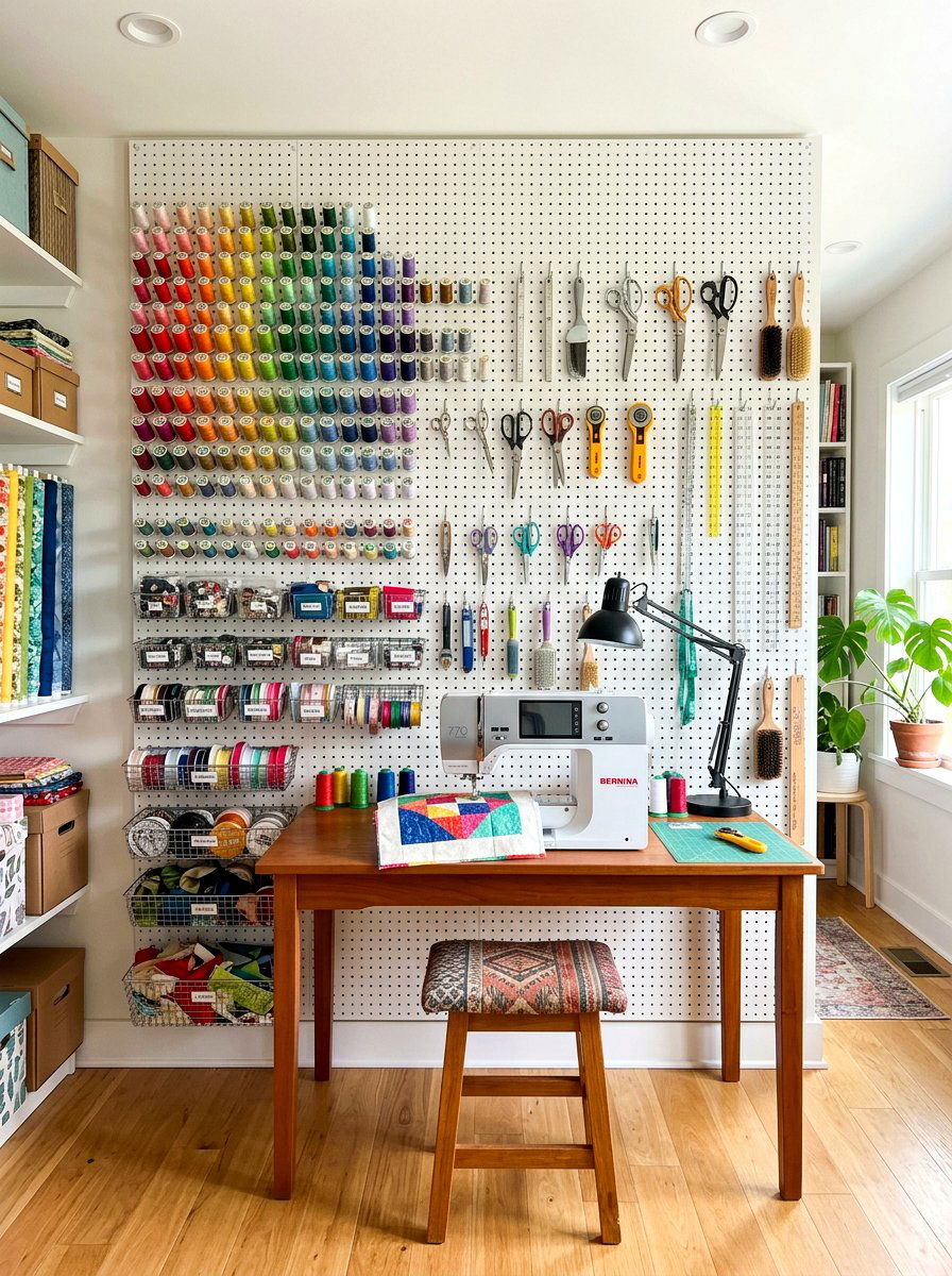 Pegboard Sewing Nook - 30 sewing nook ideas