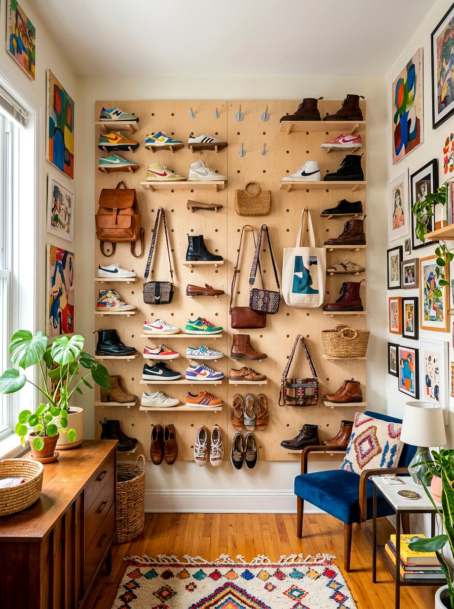 Pegboard Shoe Wall - 30 apartment shoe wall ideas