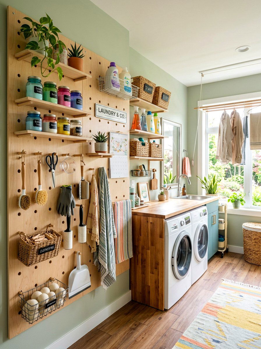Pegboard Storage System - 30 laundry room shelf ideas