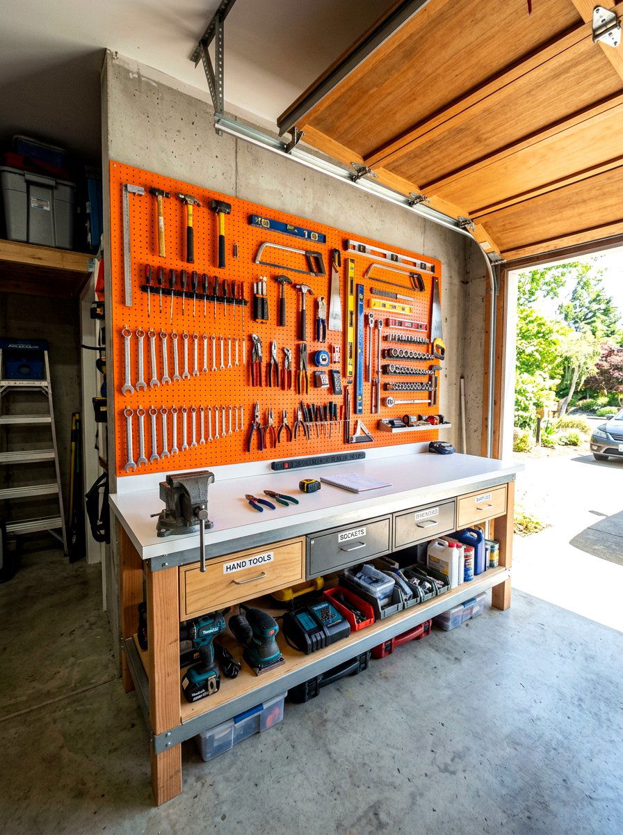 Pegboard Storage Workbench - 30 garage workbench ideas