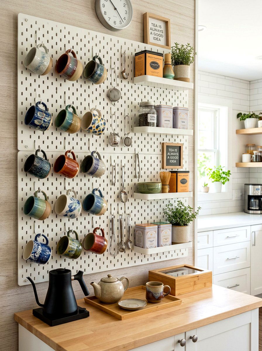 Pegboard Tea Wall - 30 tea shelf styling ideas