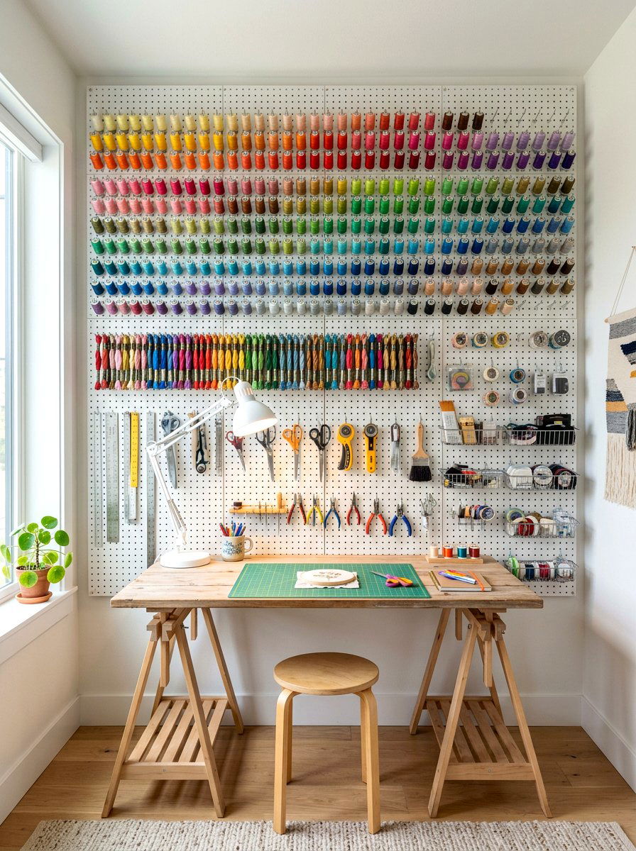 Pegboard Wall Craft Space - 30 crafting nook ideas