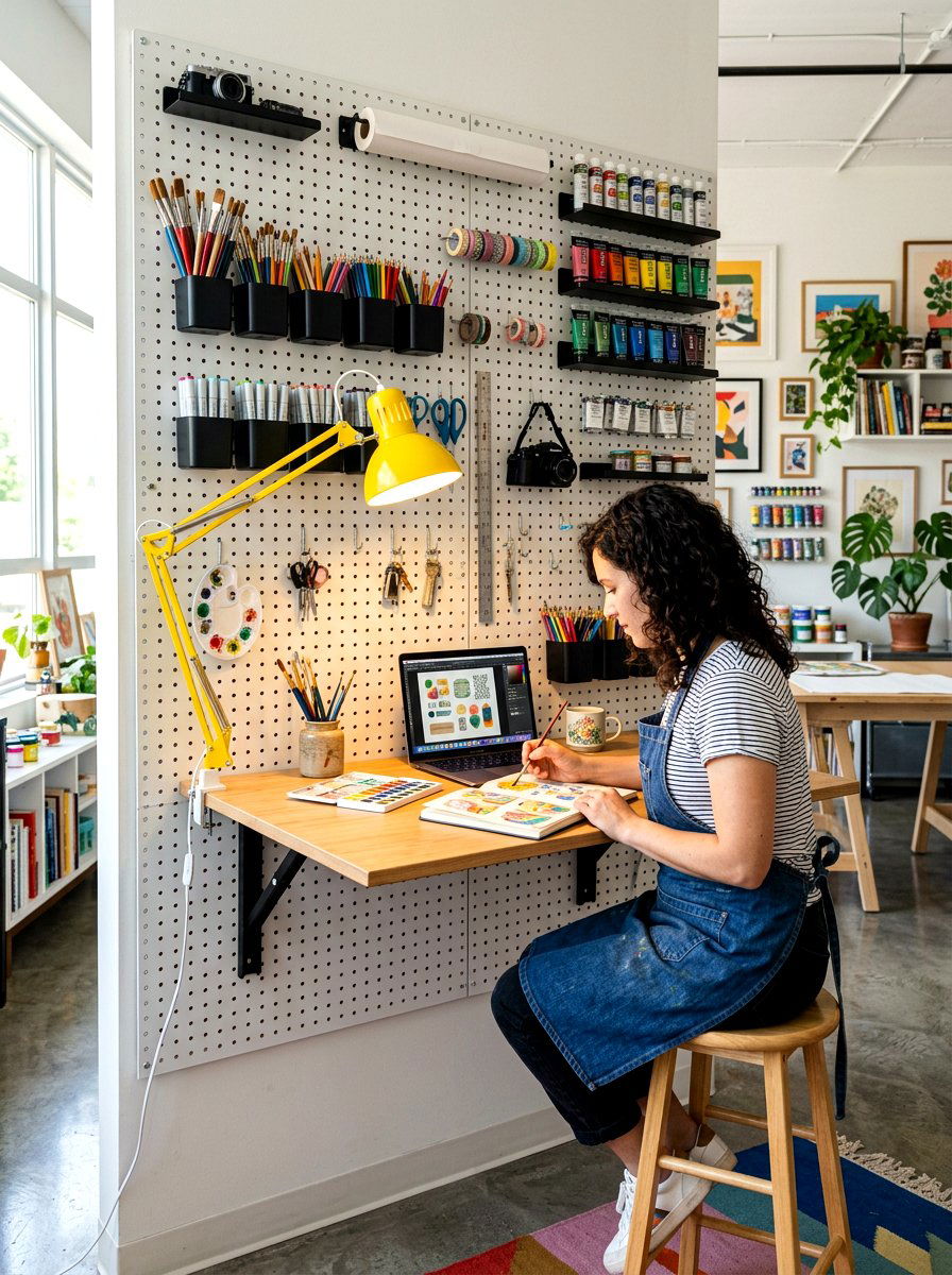 Pegboard Wall Desk System - 30 fold down desk apartment ideas