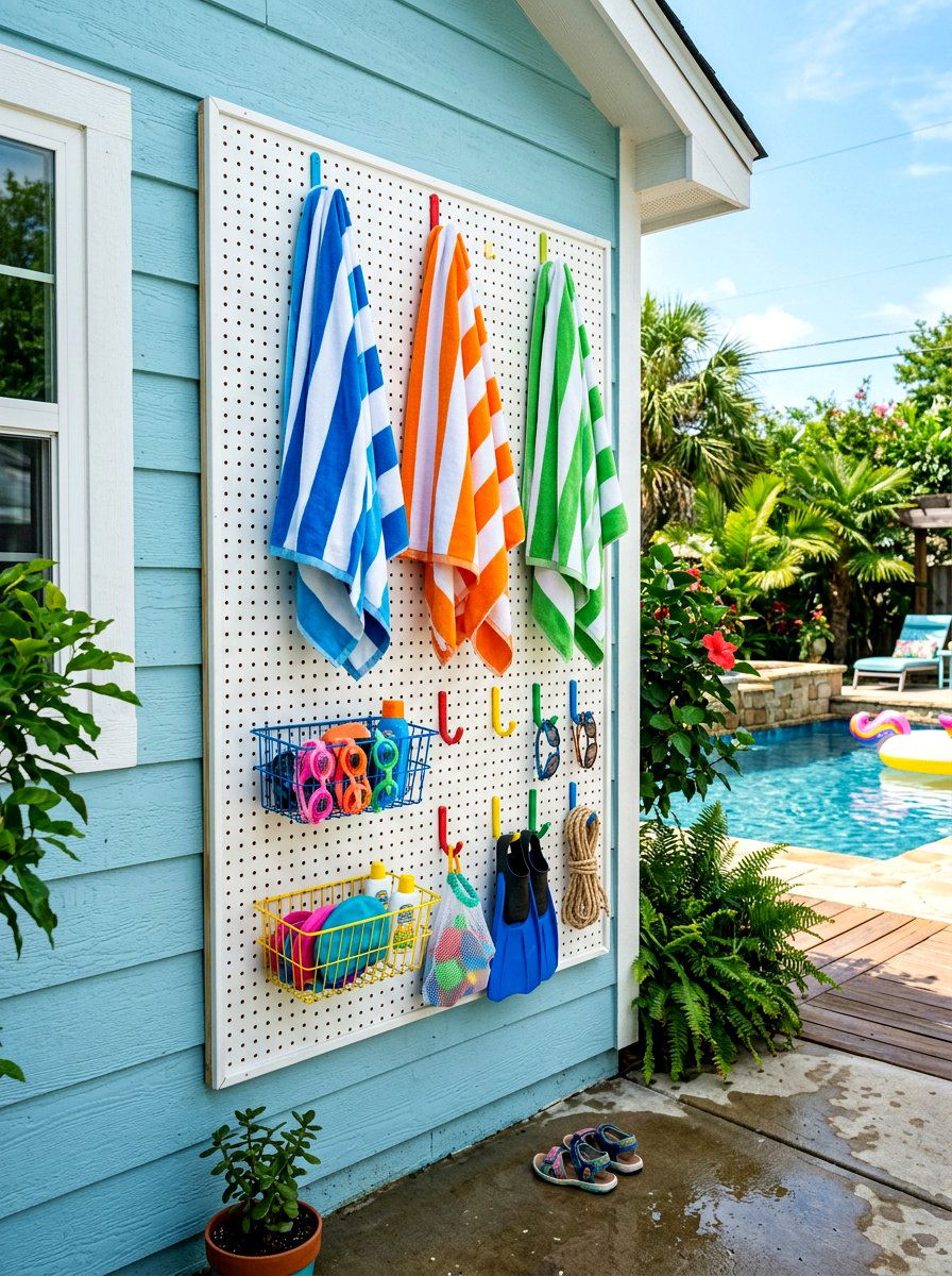 Pegboard Wall Organizer - 30 outdoor towel storage ideas