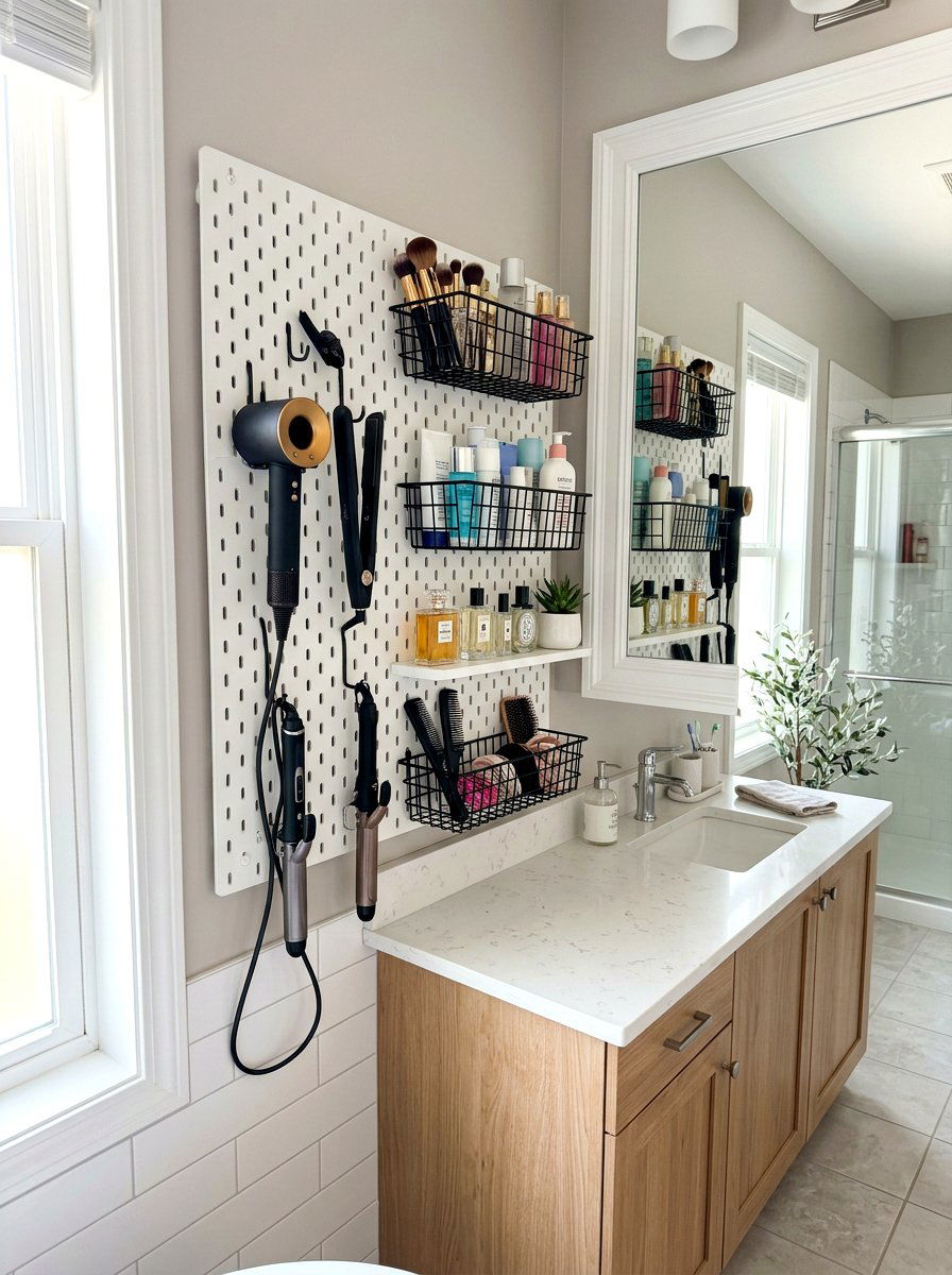 Pegboard Wall Organizer - 30 tiny apartment bathroom ideas
