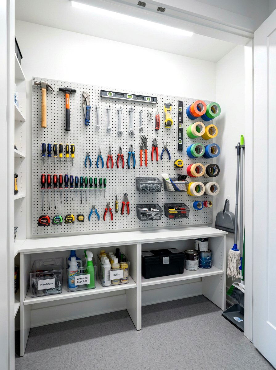 Pegboard Wall Organizer - 30 utility closet shelving ideas