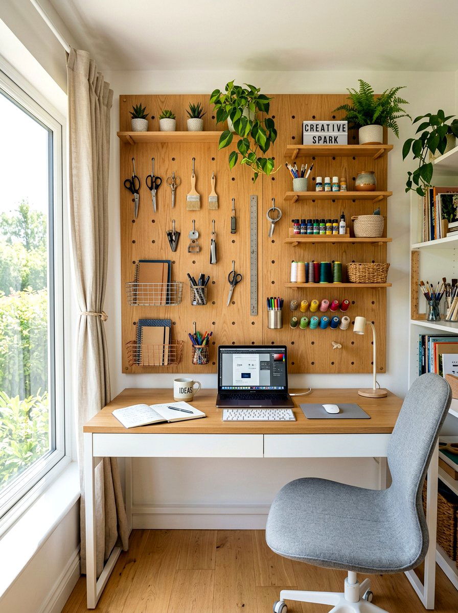 Pegboard Wall Organizer - 30 video call background office ideas