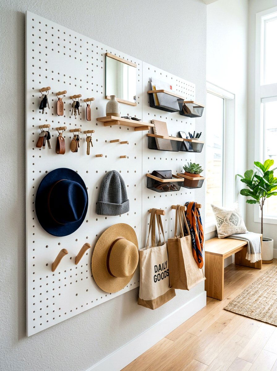 Pegboard Wall Organizer - 30 mini mudroom apartment ideas