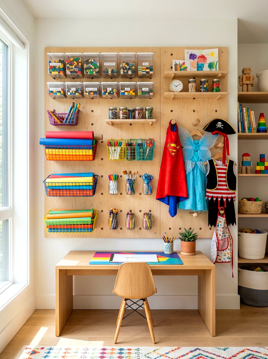 Pegboard Wall Panel - 30 playroom storage ideas
