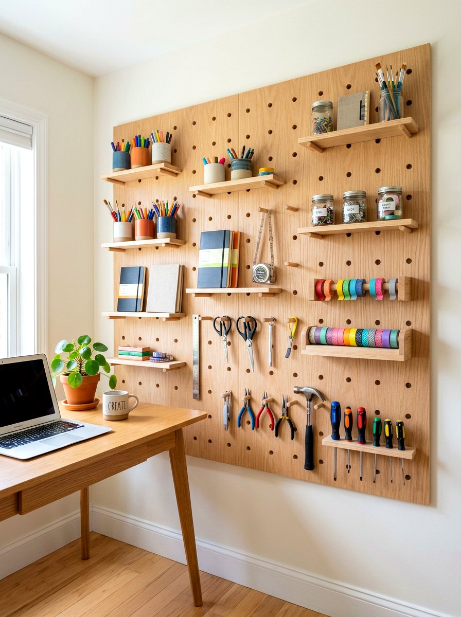 Pegboard Wall Shelving - 30 office backdrop shelf ideas