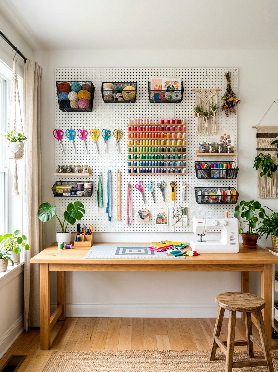 Pegboard Wall Storage - 30 organizing a craft room ideas