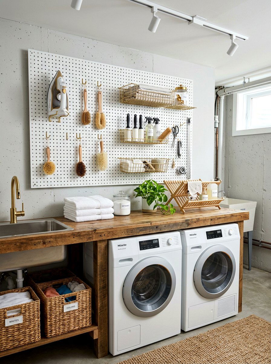 Pegboard basement laundry wall - 30 basement laundry area ideas