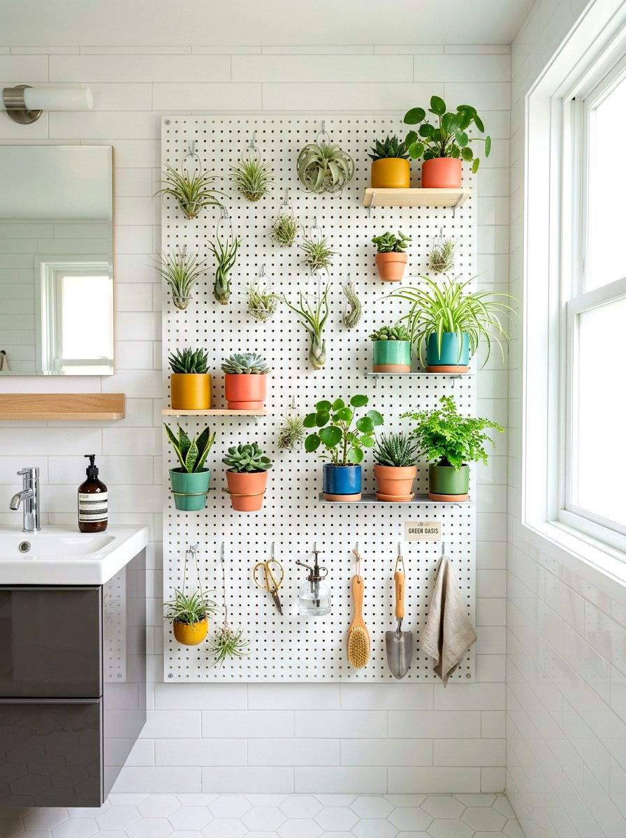 Pegboard bathroom plant organizer - 30 bathroom plant shelf ideas