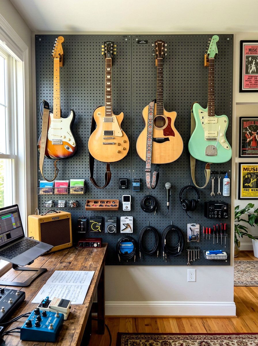 Pegboard guitar wall organizer - 30 guitar wall display ideas
