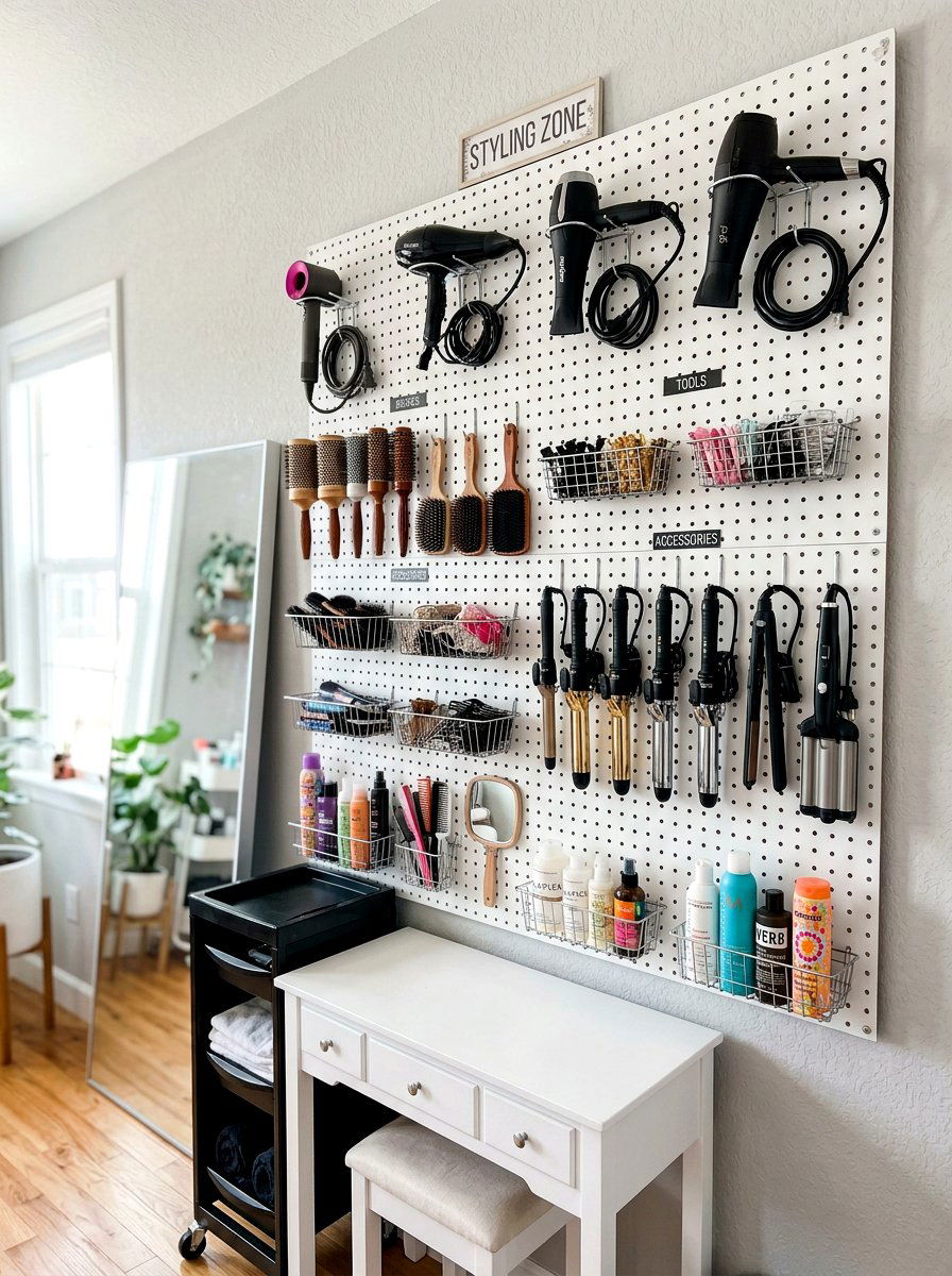 Pegboard hair station - 30 hair tool storage ideas
