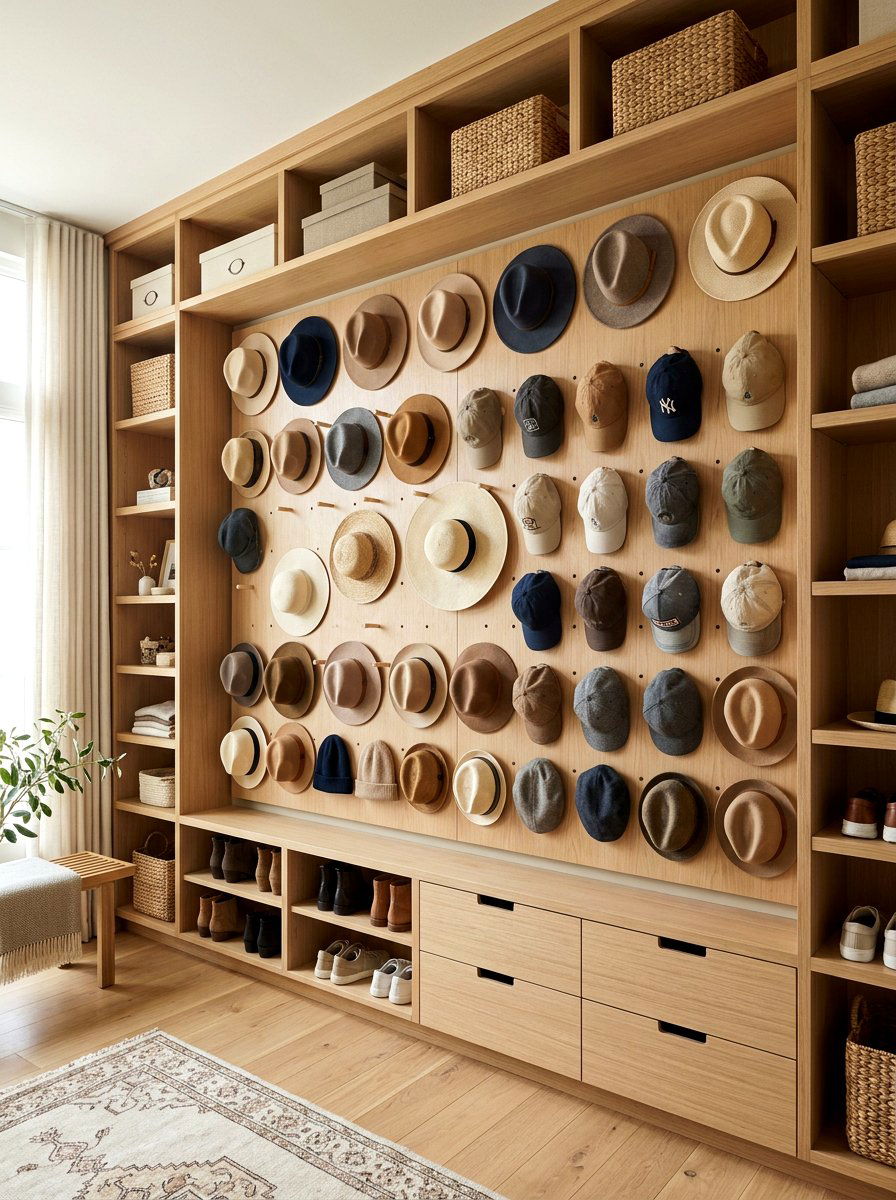Pegboard hat wall - 30 hat storage closet ideas