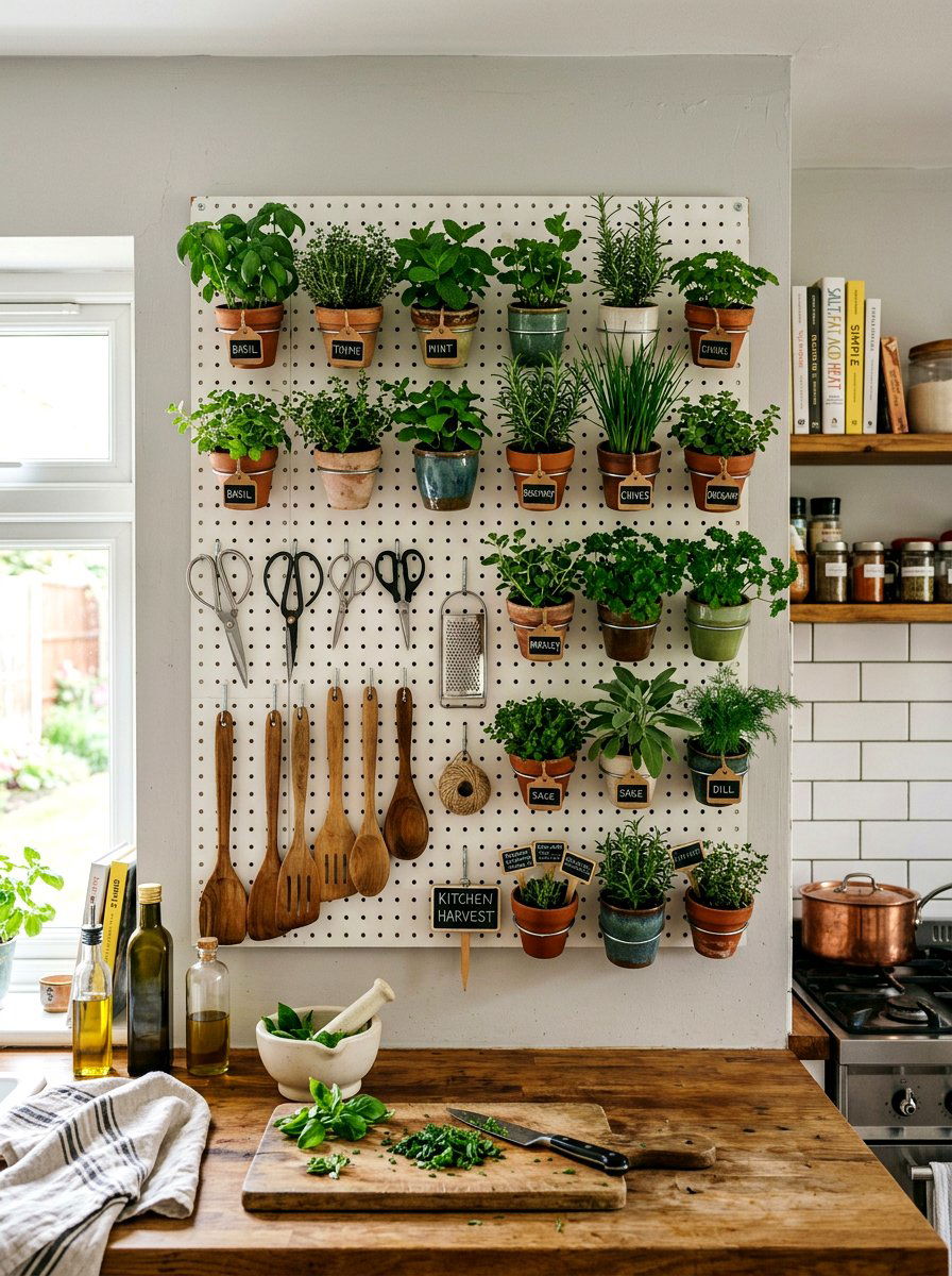 Pegboard herb garden organizer - 30 kitchen herb shelf ideas