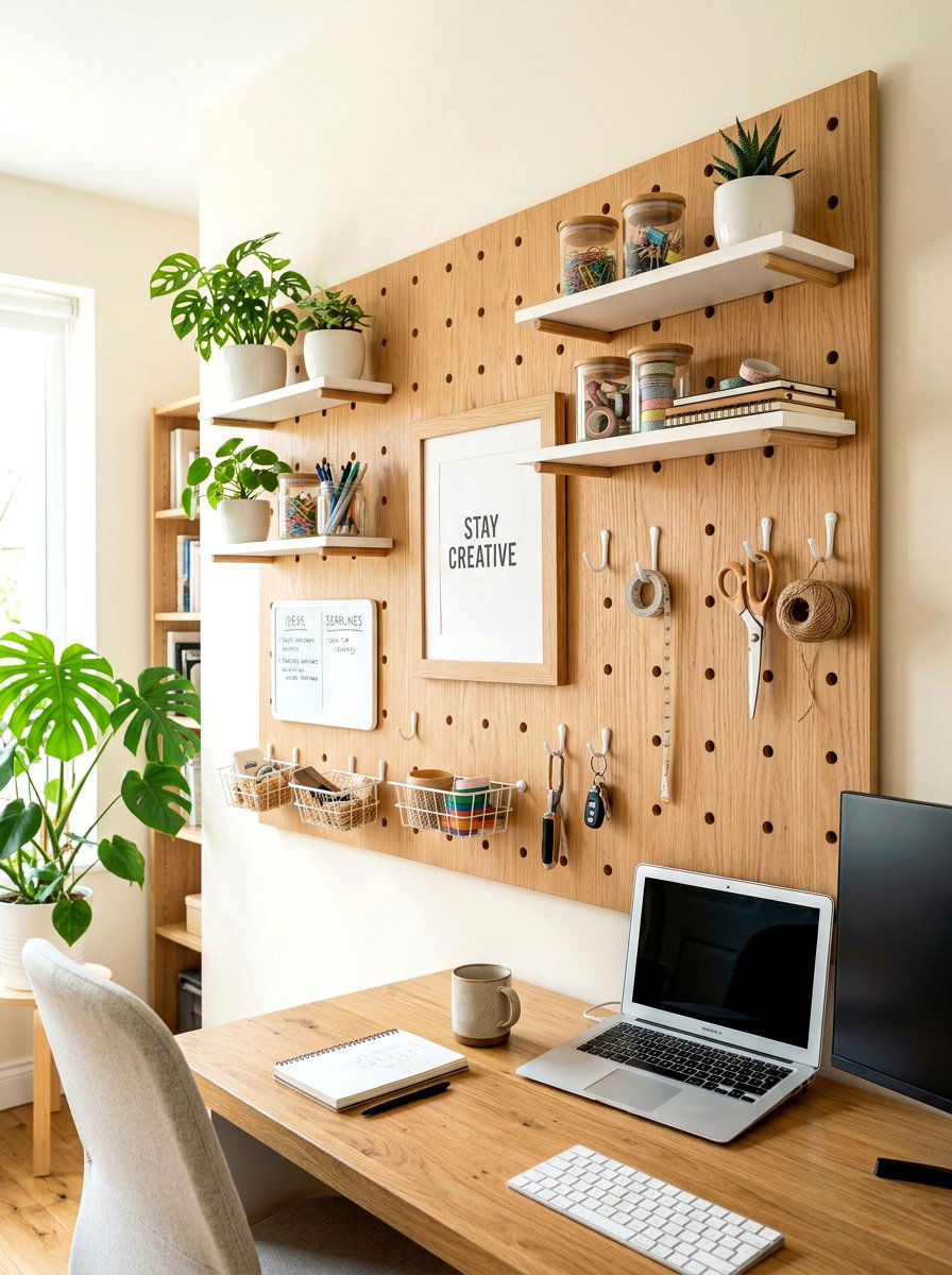 Pegboard office organizer - 30 office shelving styling ideas