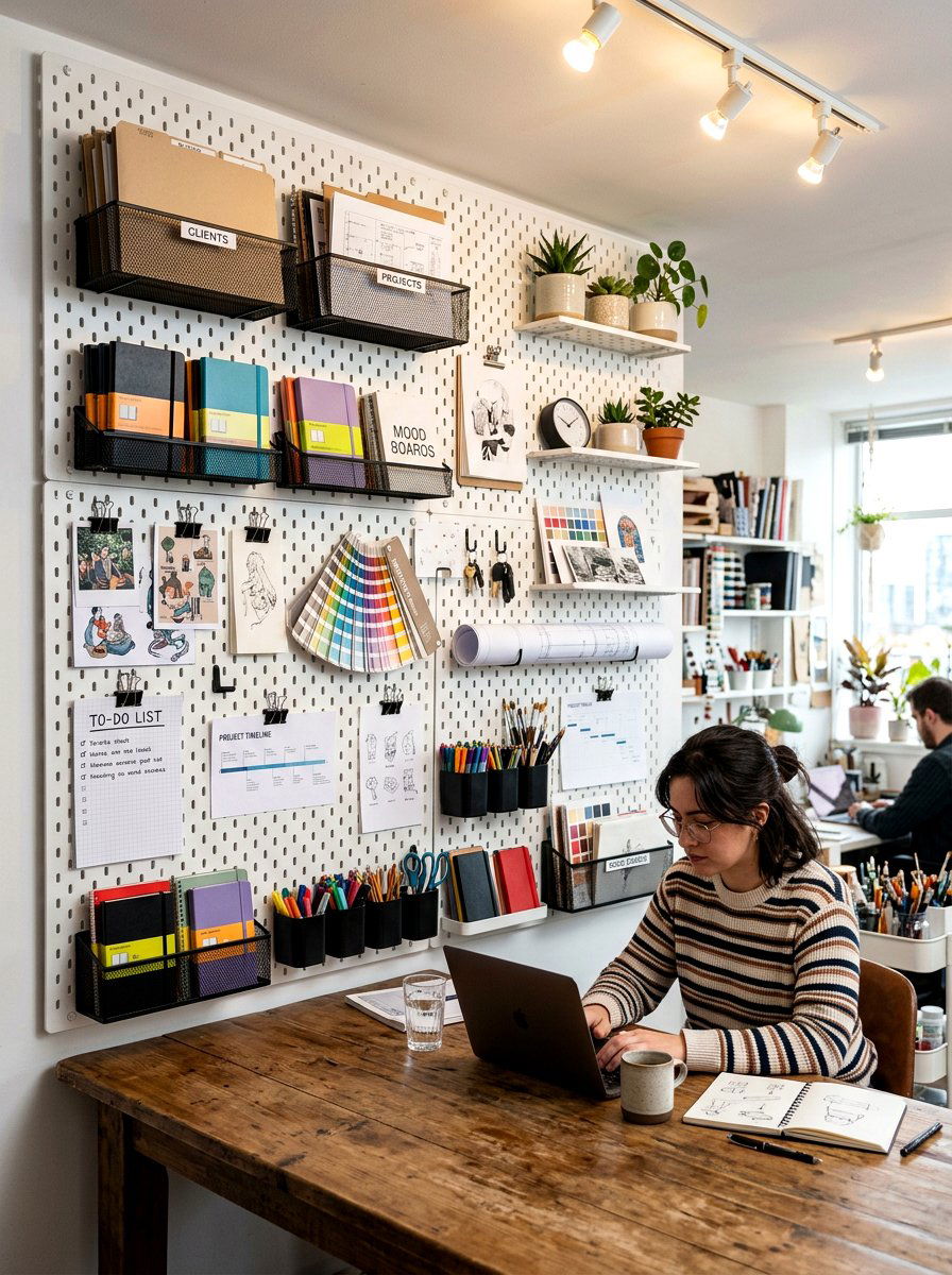 Pegboard office storage - 30 paper clutter organization ideas