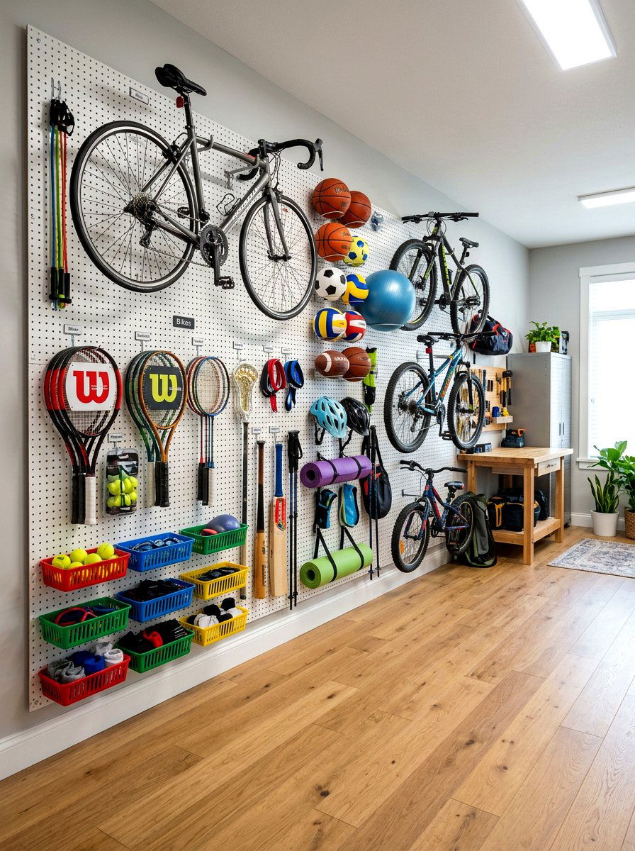 Pegboard wall organization system - 30 sports gear mudroom ideas