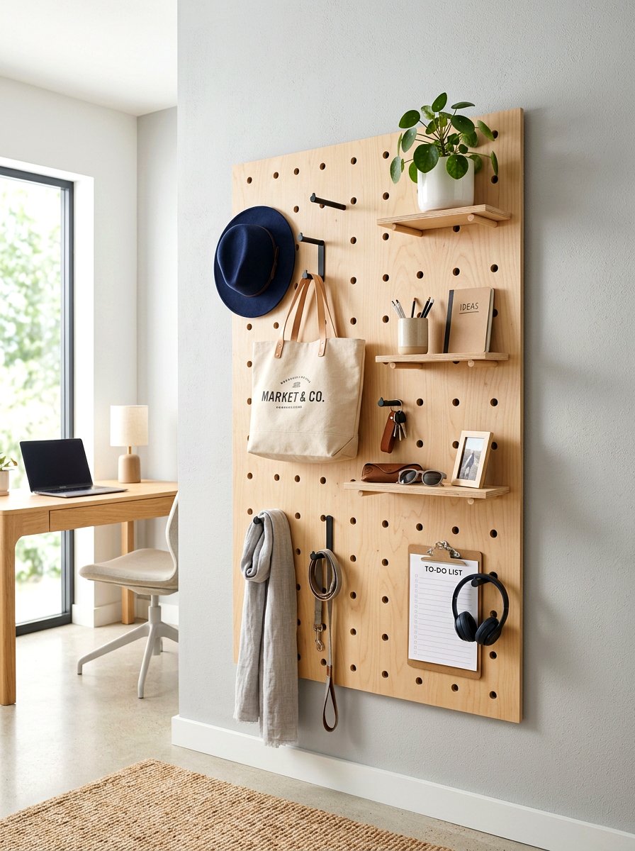 Pegboard wall organizer - 30 rental entryway ideas