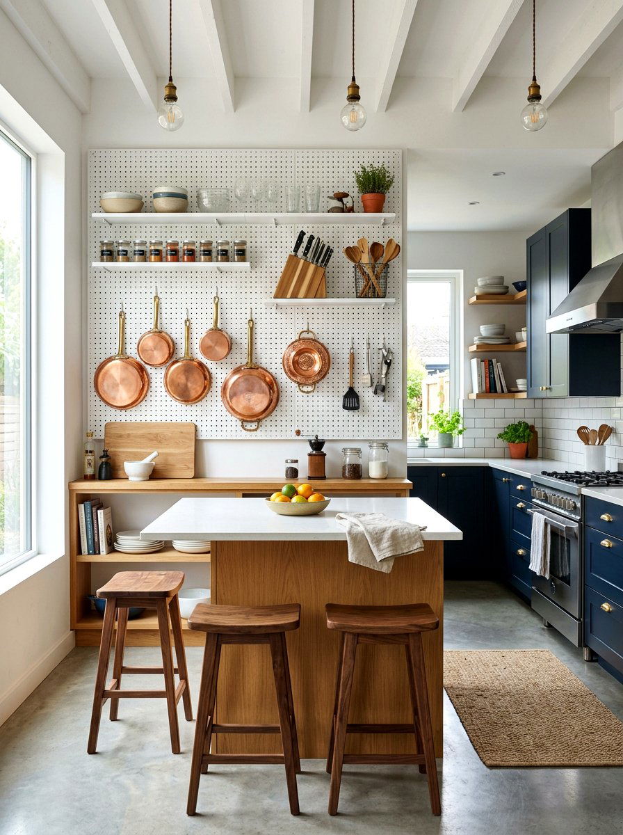 Pegboard wall organizer - 30 rental friendly kitchen backsplash ideas