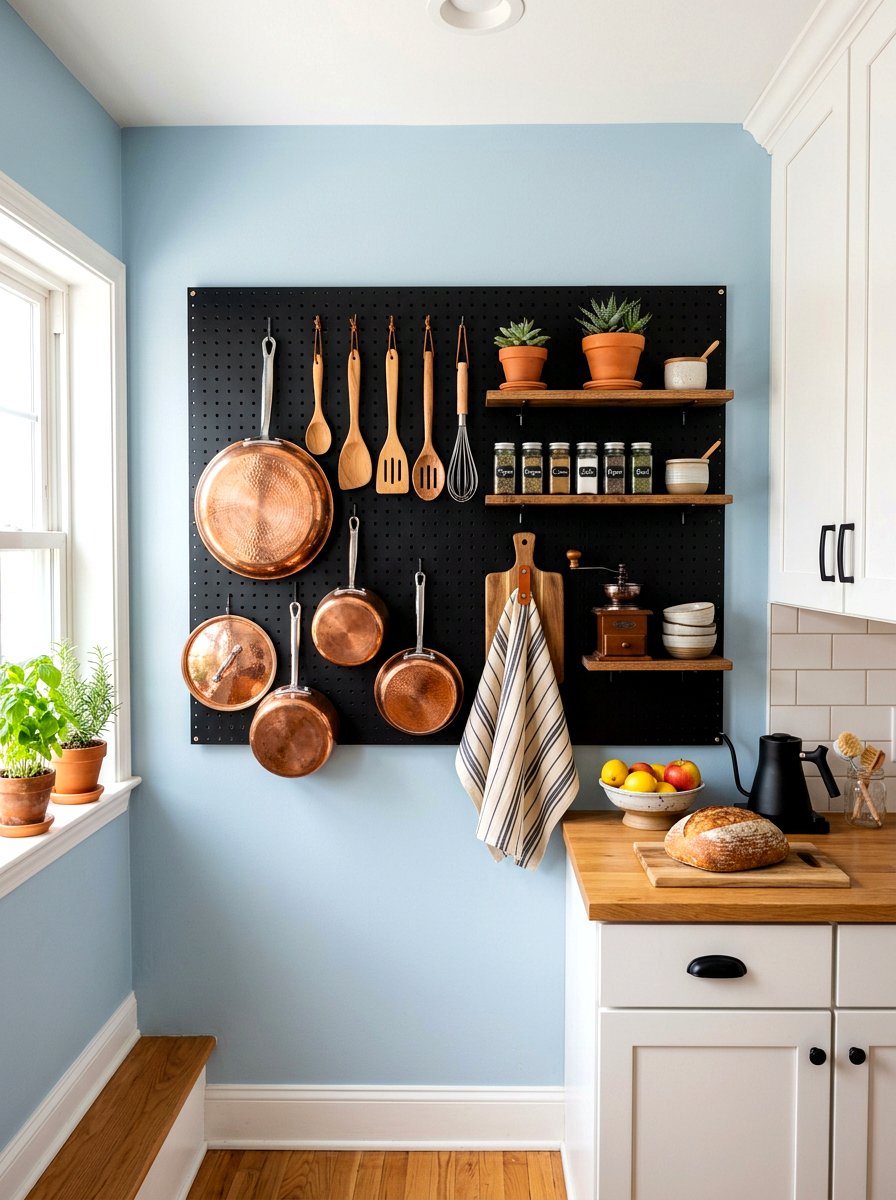 Pegboard wall organizer - 30 apartment kitchen storage ideas