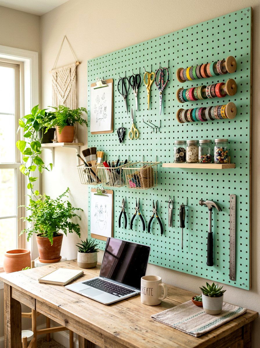Pegboard wall tool organization - 30 craft corner ideas