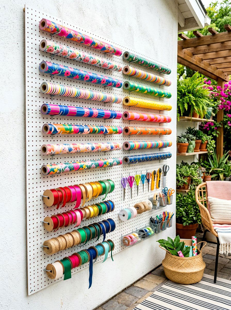 Pegboard wrapping paper wall - 30 wrapping paper storage ideas