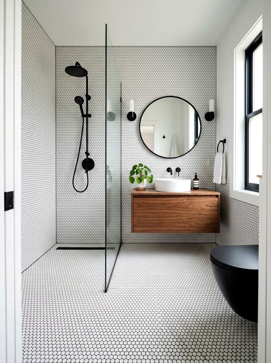 Penny Tile Bathroom - 30 curbless shower ideas