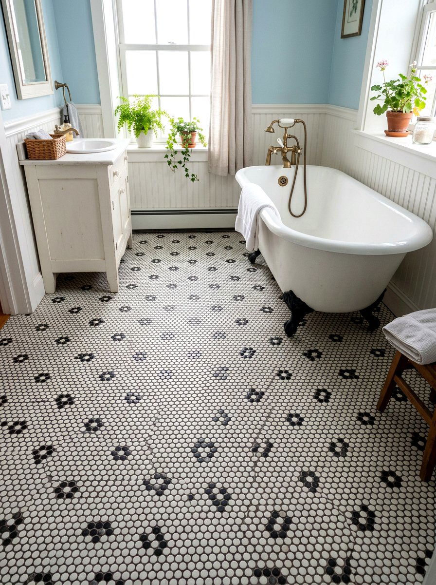 Penny Tile Flooring - 30 granny chic bathroom ideas