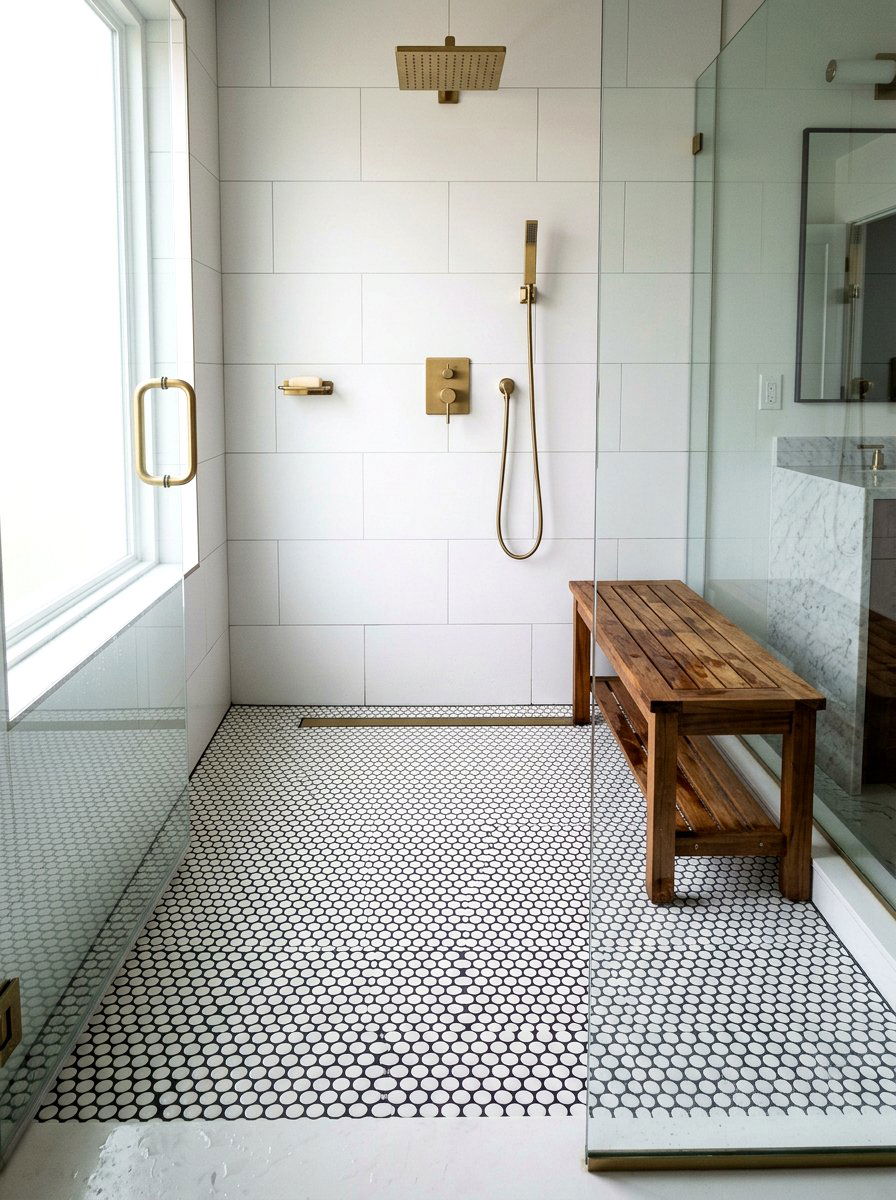 Penny tile shower floor - 30 mid century bathroom ideas