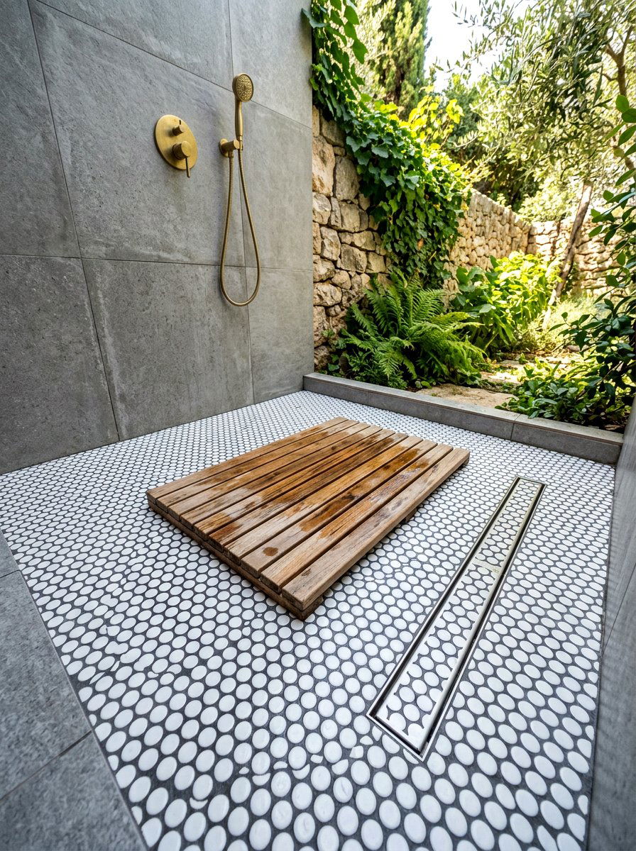 Penny tile shower floor - 30 niche tile contrast ideas