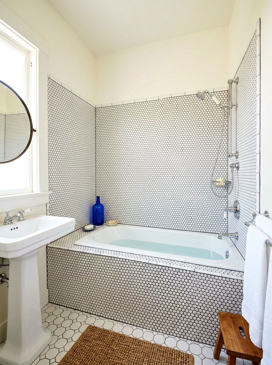 Penny tile tub surround - 30 tub nook bathroom ideas