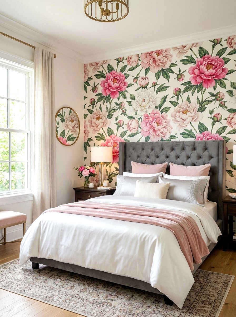 Peonies Floral Wallpaper - 30 floral wallpaper bedroom ideas