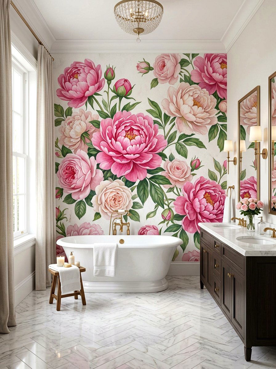 Peonies and roses bathroom mural - 30 mural bathroom ideas