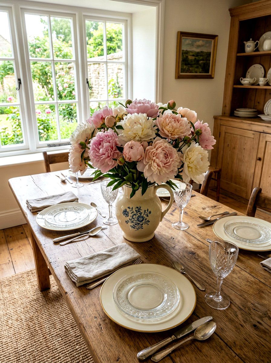Peonies in vintage pitcher - 30 market bouquet decor ideas