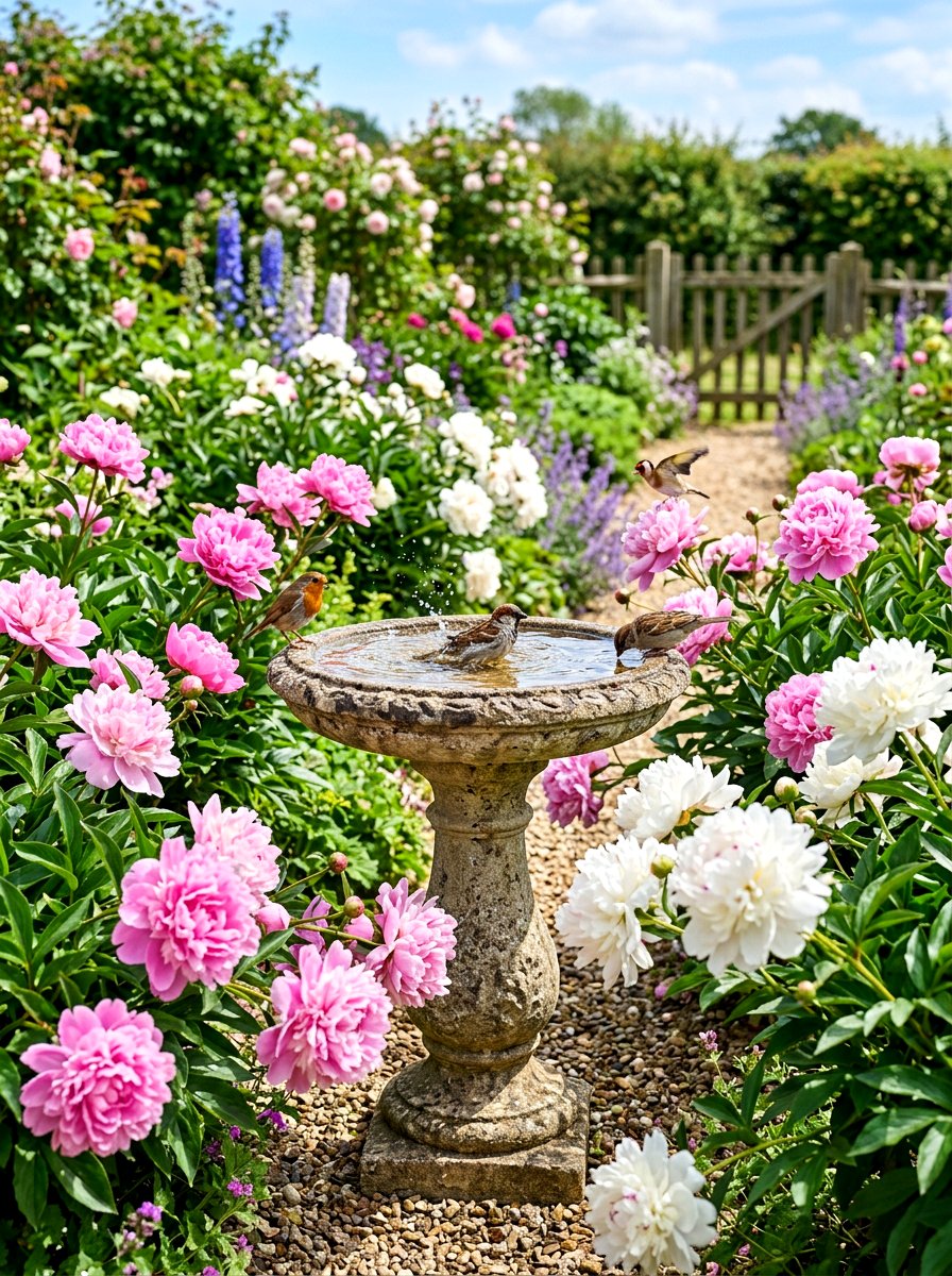 Peony And Birdbath Garden - 30 peony garden ideas