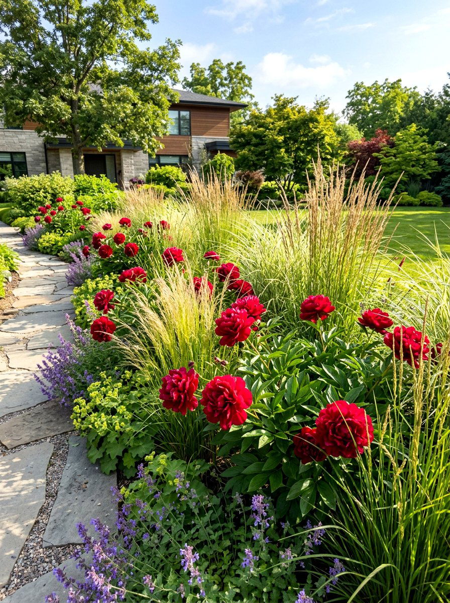 Peony And Grass Border - 30 peony border ideas