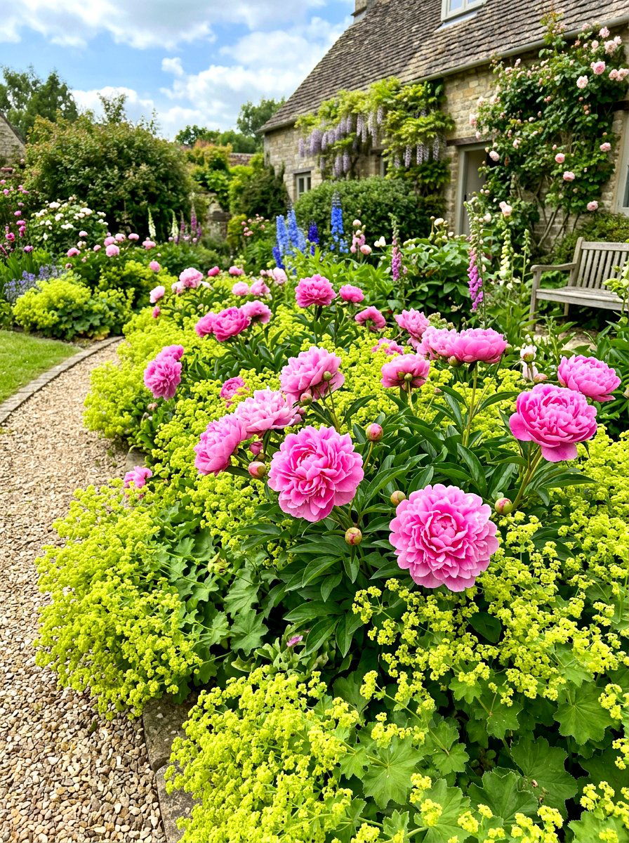 Peony And Ladys Mantle - 30 peony border ideas