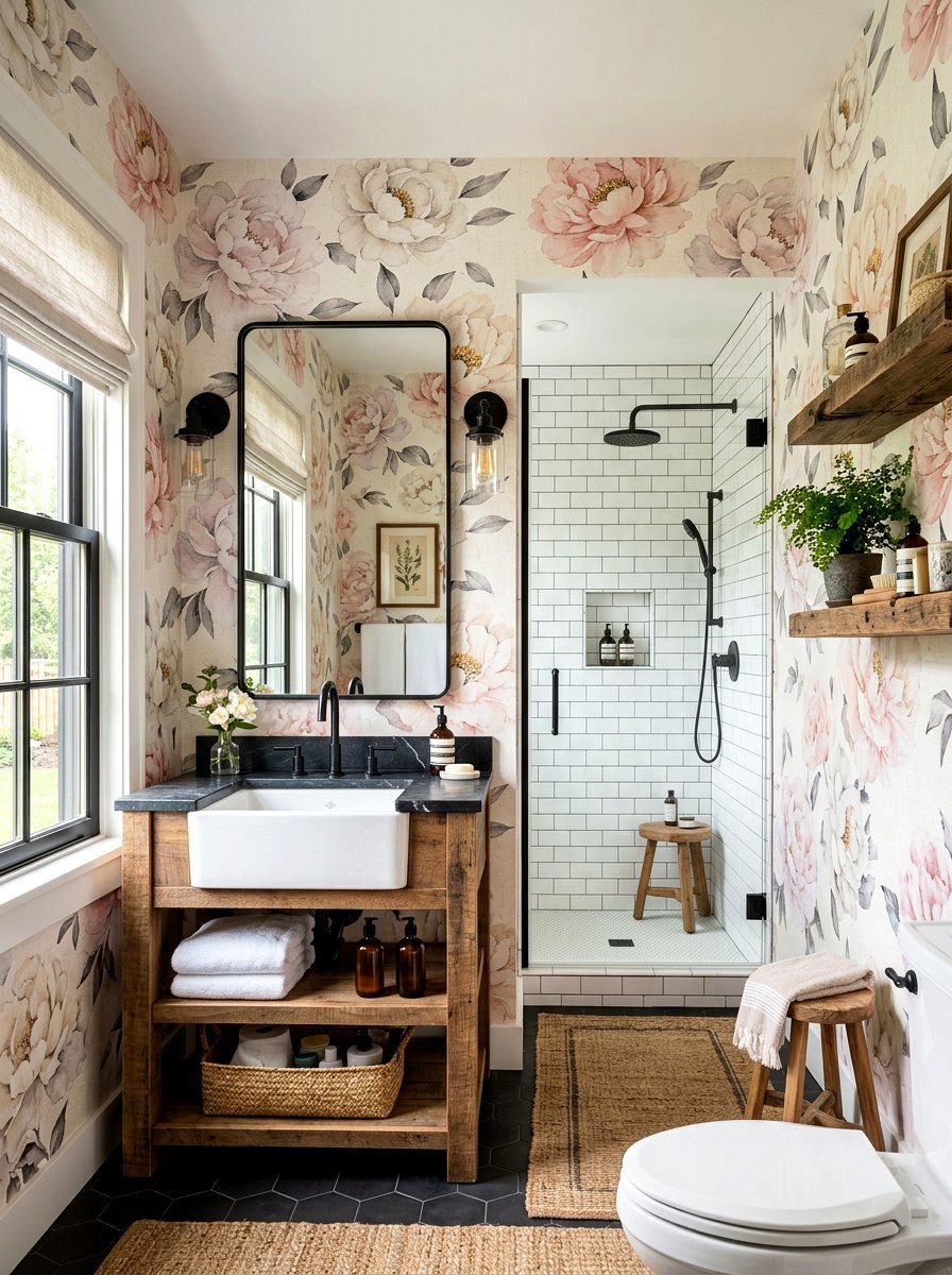 Peony Farmhouse Bathroom - 30 vintage floral bathroom ideas