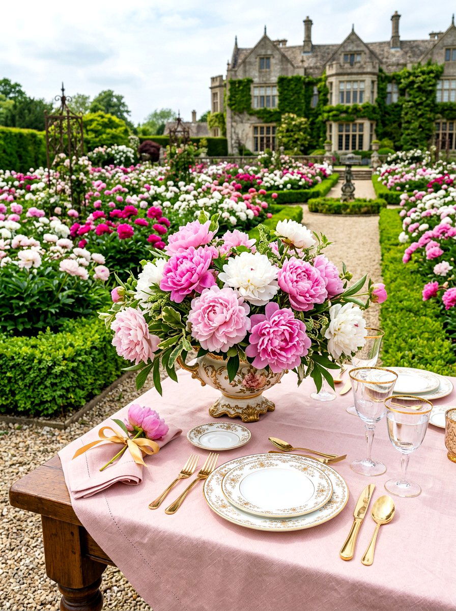 Peony Floral Garden Table - 30 garden party tablescape ideas