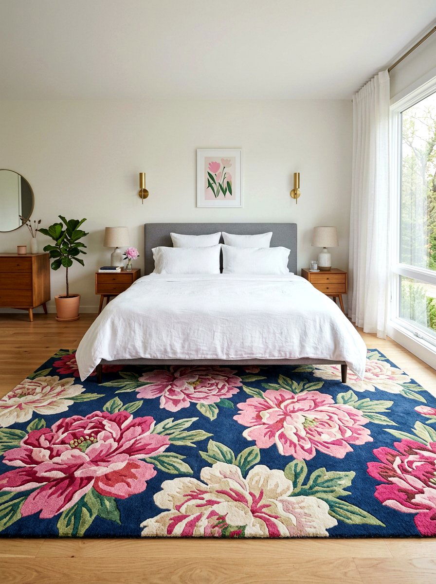 Peony Pattern Rug - 30 romantic floral bedroom ideas
