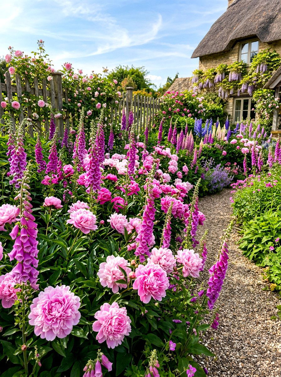 Peony and foxglove garden - 30 cottage front yard garden ideas
