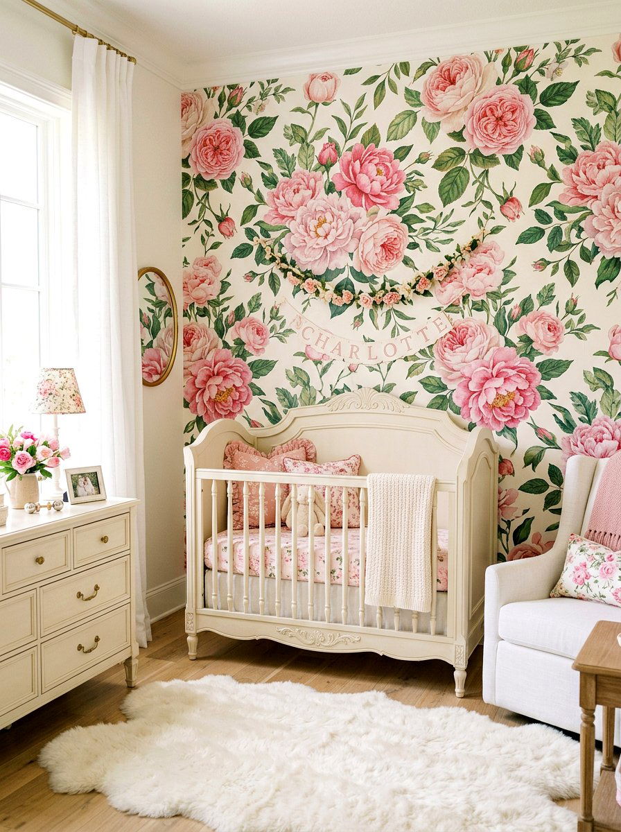 Peony and rose nursery wallpaper - 30 floral nursery wallpaper ideas
