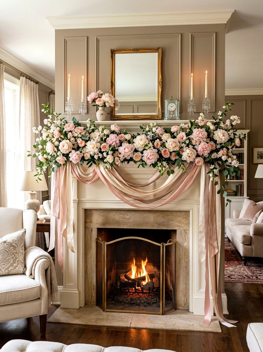 Peony and silk ribbon mantel - 30 spring mantel decor ideas