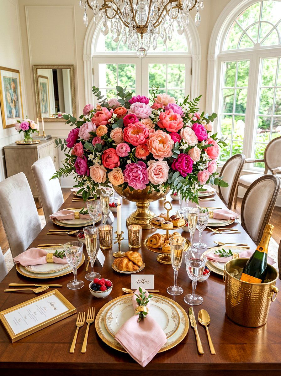 Peony centerpiece brunch table - 30 elegant brunch table ideas