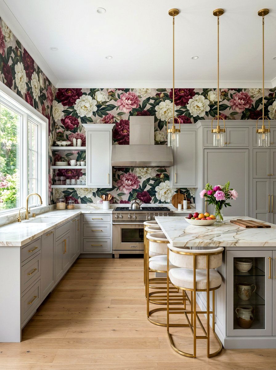 Peony floral kitchen wallpaper - 30 floral kitchen wallpaper ideas